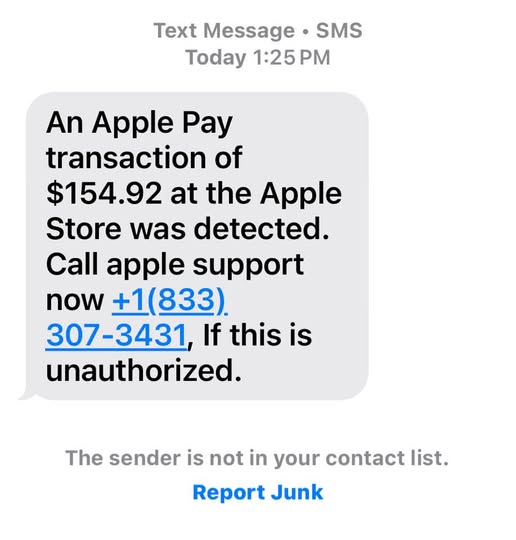 Apple Pay Scam Text Asking You to Call 833-307-3431