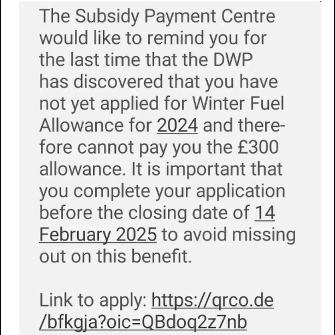 DWP Subsidy Payment Scam text