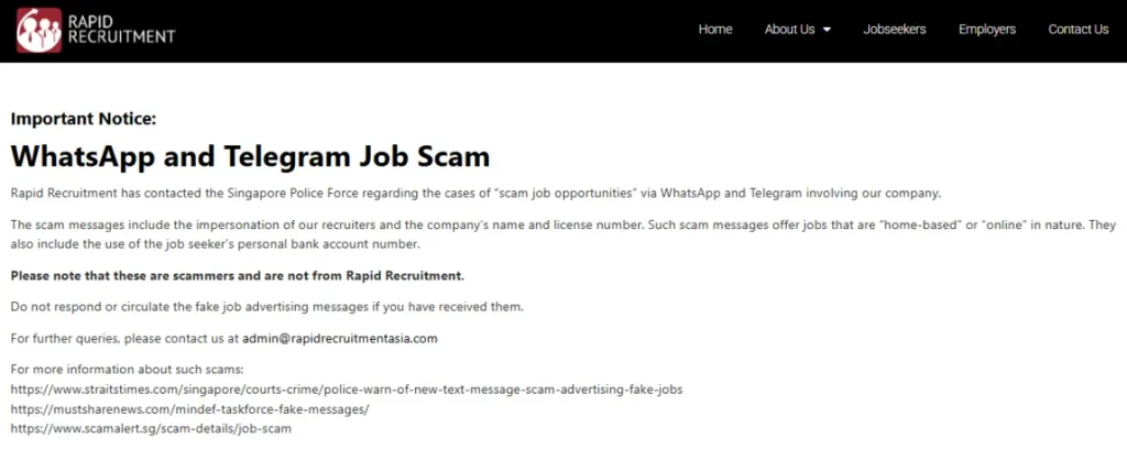 Rapid Recruitment Asia Pte Ltd Official Warnings